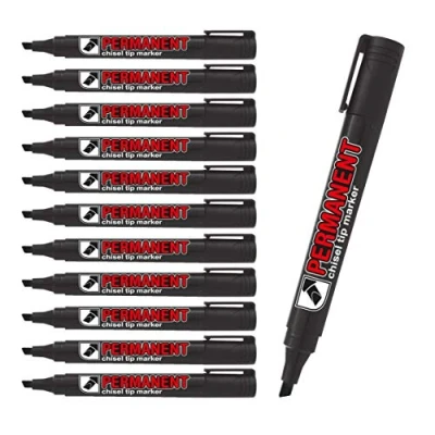 Image of CROWN Permanent Markers Chisel Tip Pack Of 12 Ink Black 2mm 5mm Line (875201)