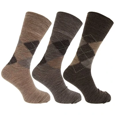 Image of Mens Traditional Argyle Pattern Non Elastic Lambs Wool Blend Socks (Pack of 3) (UK Shoe 6 11, EUR 39 45) (Shades Brown)