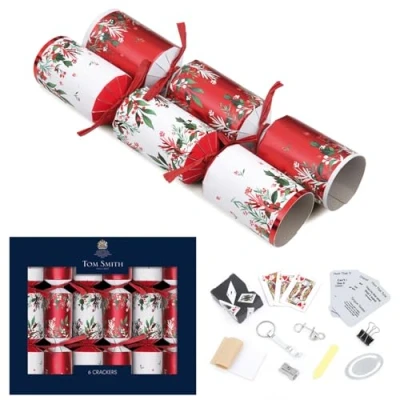 Image of Tom Smith Pack 6 Luxury Mini Charity Christmas Crackers White &amp; Red Holly Ivy Design