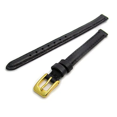 Image of Ladies Soft Genuine Leather watch Strap Band 8mm, Black, Gilt (Gold Colour) buckle