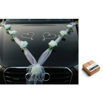 Image of ORGANZA M + HERZEN Braut Paar Rose Deko Dekoration Autoschmuck Hochzeit Car Auto Wedding Ratan Girlande ®Auto schmuck PKW (Weiß/Weiß/Weiß)