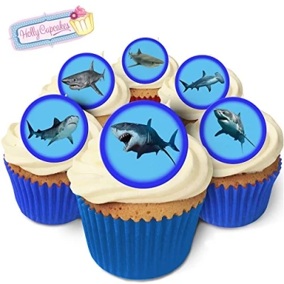 Image of 24 Fabulous Pre Cut Edible Wafer Cake Toppers: Sharks
