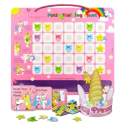Image of Potty Training Reward Chart. Charts for Children Behavior with 35 Reusable Magnetic Stickers. Unicorn Toilet Chart Toddlers. Kids and Stickers Girls