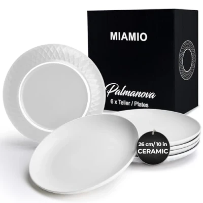 Image of MIAMIO Plates Set of 6 / Modern Plate Made Ceramic/Stoneware Palmanova Collection (26 cm, White)
