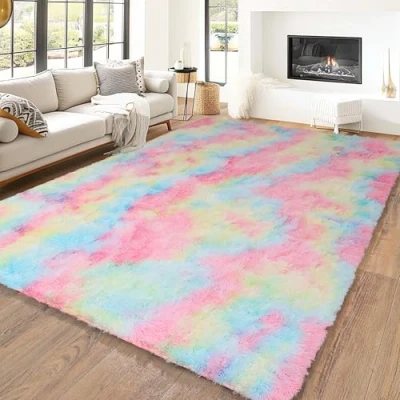 Image of Hafaa Rugs Living Room 120 x 170 cm Fluffy Shaggy Rainbow Area for Bedroom Modern Super Soft Plush Carpet Non Slip Shedding Easy To Clean Rug