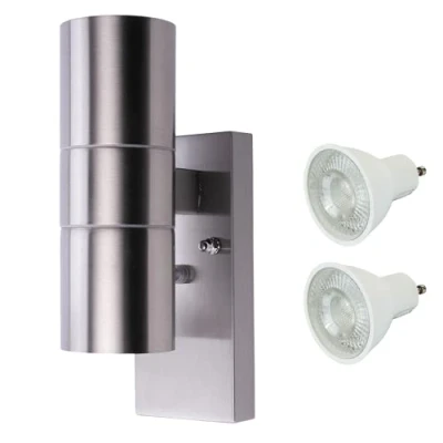 Image of LED GU10 Outdoor Lighting: IP44 Dusk Till Dawn Up and Down Wall Mounted Outside Light with Photocell Sensor: Stainless Steel: Single UpDown 2 Bulbs