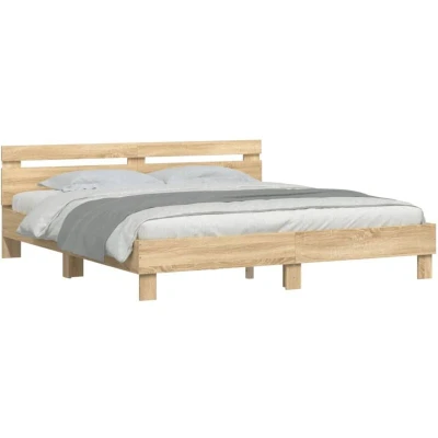 Image of vidaXL Bed Frame with Headboard Contemporary Sonoma Oak Finish, 160x200 cm, Bedroom Furniture LED Illumination, Engineered Wood, Plywood Slats