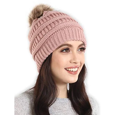 Image of Brook + Bay Beanie Hats for Women, Pom Hat Soft Chunky Knit Cold Weather, Stocking Cap Women Winter Pink