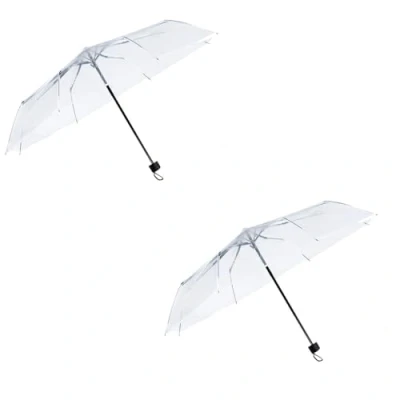 Image of 2 Pack Small Folding Set Rain Umbrellas Transparent PVC Wedding Brolly Clear Ladies Men Bride Bridesmaid Party Fashion Portable Mini See Through Dome For Events Walking Handbag Travel