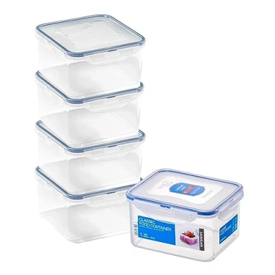 Image of LocknLock Square Food Containers with Lids Set of 5 Plastic Airtight &amp; Watertight Storage Containers, BPA Free Dishwasher Safe, x 1.2L
