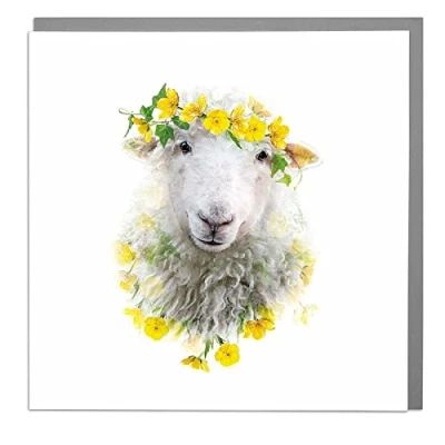 Image of Lola Design Wildlife Botanical Greeting Cards, Floral Sheep Suitable for Birthdays, Congratulations or Any Special Occasions Blank Inside with Grey Envelope 150mm x