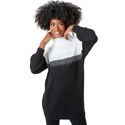 Image of Roman Originals Colourblock Embellished Longline Jumper for Women UK Ladies Autumn Everyday Winter Holiday Funnel Neckline Comfy Long Sleeve Soft Top Warm Sweaters Black Size 14