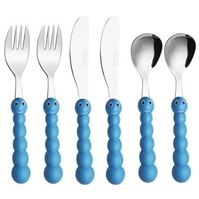Image of Exzact Children Cutlery 6pcs Stainless Steel, Kids Toddler Silverware 2 x Forks, Dinner Knives, Spoons BPA Free, Dishwasher Safe (Caterpillar 6)