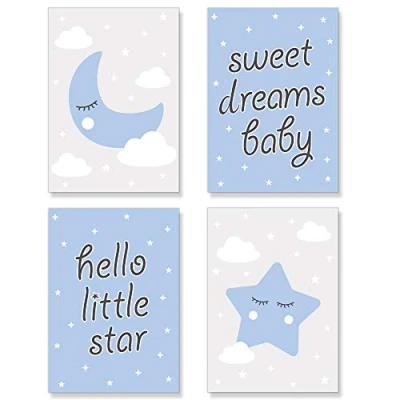 Image of PREMYO Wall Art Prints Nursery Decor Baby Room Decoration Boy Kids Poster Set Star Moon Cloud Blue Picture A4 Size