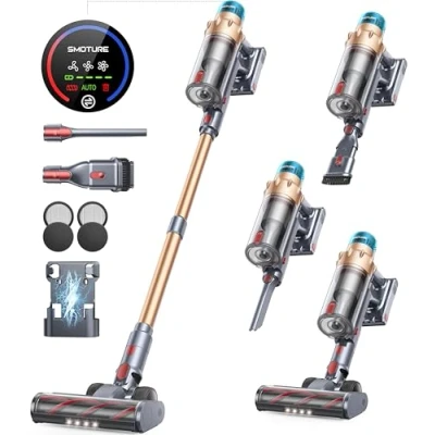 Image of SMOTURE Cordless Vacuum Cleaner, 550W 45KPA Stick with Touch Screen, Up to 60 Mins Runtime, Self Standing Auto Mode, Lightweight Vacuums for Hardwood Floor Carpet Car Pet Hair