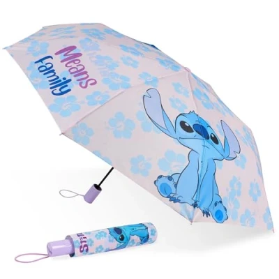 Image of Disney Automatic Umbrella for Adults Teens Kids Folding Telescopic Lightweight Travel School Work Stitch Gifts (Purple Stitch)