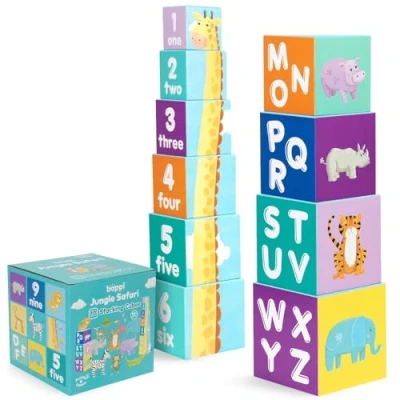 Image of boppi Stacking Blocks Jungle Safari Animal Toddler Toys with Letters and Numbers, Montessori/Educational Toy Cubes for Toddlers, Preschool Learning Baby