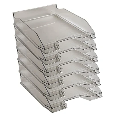 Image of Exacompta Ref. 113227D set of 6 COMBO MIDI letter trays dimensions 34.6 x 25.5x 6.5 cm for documents in A4 + format transparent glossy gray color