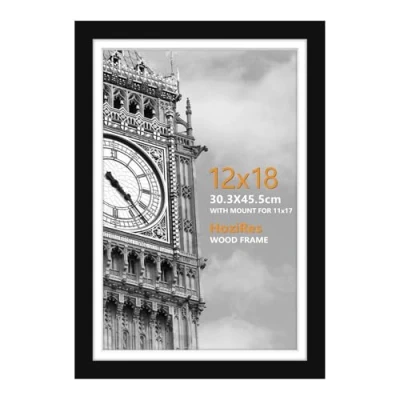 Image of HoziRes Picture Frames 12 x 18 inch, Wooden Photo with Mount in Black, Set of 1 Frame for Tabletop and Wall Mounting, 30 45cm Poster Printing