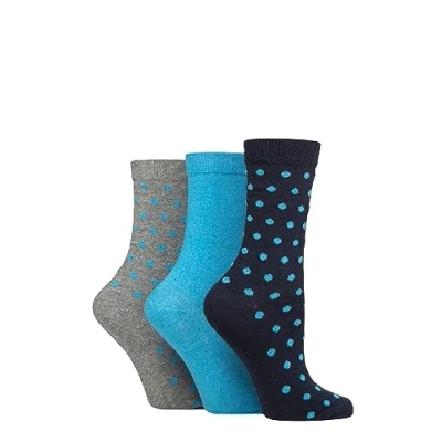 Image of Women&#039;s 3 Pair SOCKSHOP TORE 100% Recycled Cotton Polka Dot Patterned Socks Spots Blue 4 8