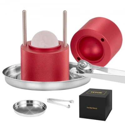 Image of VEVOR Ice Ball Press, 2.4&quot; Maker, Aircraft Al Alloy Press Kit for 60mm Sphere, with Tong and Drip Tray, Whiskey, Cocktail, Bourbon, Scot on Party &amp; Holiday, Red