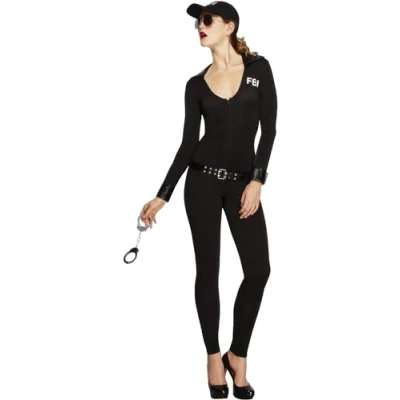 Image of Smiffys Fever FBI Flirt Costume, Black with Bodysuit, Belt and Cap, Fancy Dress, Cops Robbers Dress Up Costumes