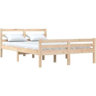 Image of vidaXL Double Bed Frame 135x190 cm Solid Untreated Pine Wood Plywood Slats Natural Rustic Look Modern Bedroom Furniture