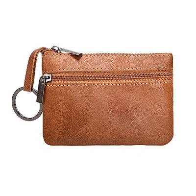 Image of Hibate Women&#039;s Mini Coin Purse Wallet Genuine Leather Zipper Pouch with Key Ring Brown