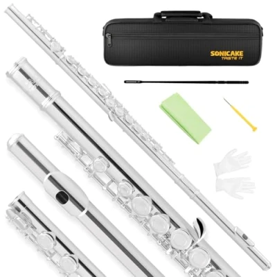 Image of SONICAKE C Flutes Closed Hole 16 Keys Flute for Beginner Instrument with Cleaning Kit, Stand, Carrying Case, Gloves, Tuning Rod Silver