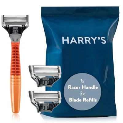 Image of Harry&#039;s Razors for Men Men&#039;s Orange Razor + 3 Blade Refills, 5 Men, Head Refills