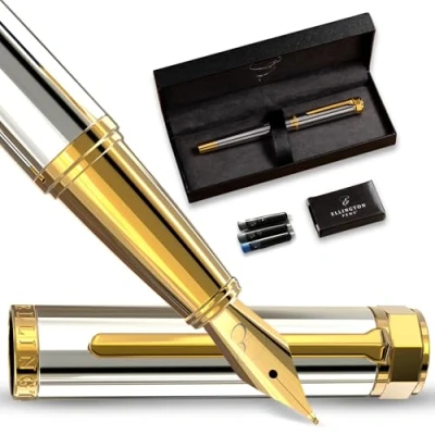 Image of Ellington Pens Luxury Fountain Pen Set for Writing Smooth Extra Fine Nib Includes Refillable Ink Converter, 3 Cartridges [Black &amp; Blue], Gift Box Elegant Calligraphy
