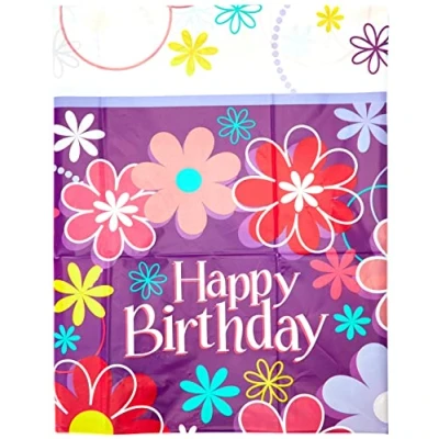 Image of Birthday Blossoms Rectangular Multicolor Plastic Table Cover (137cm x 213cm) 1 Piece Premium, Easy Clean, Festive Design for Party Decorations