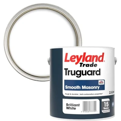 Image of Leyland Trade Truguard Smooth Masonry Paint, Brilliant White, Coverage 16m2 per Litre, 2.5L