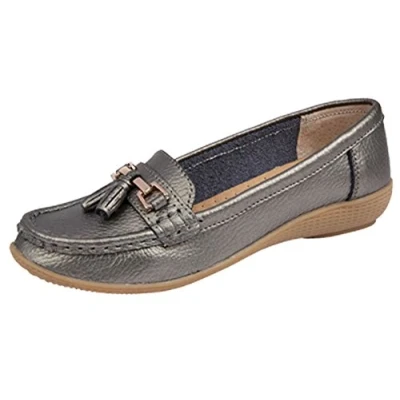 Image of Jo &amp; Joe Ladies Leather Loafer Shoes Plimsole Pumps Womens Flat Gun Metal Size UK 6 EU 39
