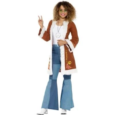 Image of Smiffys Retro Afghan Coat, Brown with Fur Trim, 1960&#039;s Groovy Fancy Dress, 1960s Dress Up Costumes