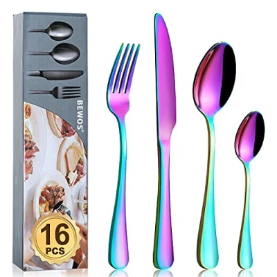 Image of Cutlery Set, BEWOS 16 Piece Stainless Steel Flatware Tableware Silverware Set with Rainbow Spoon Knife and Fork Service for 4, Dishwasher Safe/Easy Clean, Mirror Polished
