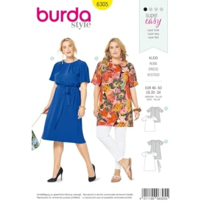Image of Burda Women&#039;s Top and Dress Pattern 6305 Airy Shirt, Tie Belt Dress, Sizes 20 34, Paper
