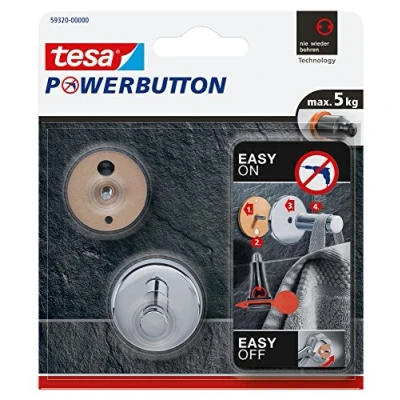Image of tesa Powerbutton Universal Self Adhesive Hook Round Chrome Plated Metal Bathroom Towel Holder Max Load 5 kg Shiny Silver
