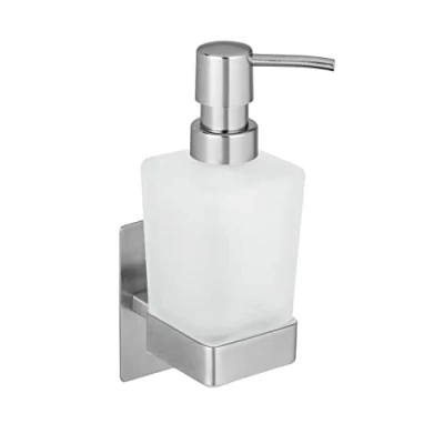 Image of WENKO Turbo Loc Genova Matt 200 ml Liquid Attaching No Drilling Required Holder Made of Stainless Steel Satin Glass Soap Dispenser (W x H D): 6.2 19.7 9 cm, 6,2 19,7 cm