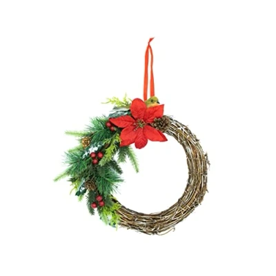 Image of HEITMANN DECO Rattan Wreath with Branches and Flowers Natural/Green/Red Approx. 28 cm