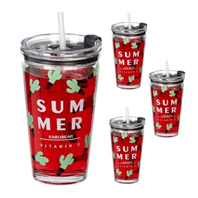 Image of Relaxdays 4X Children&#039;s Cups, Cacti Motif, Drinking Glass for Kids, with Handle, Lid &amp; Straw, 450 ml Scale, Transparent, 15 x 9 9.5 cm