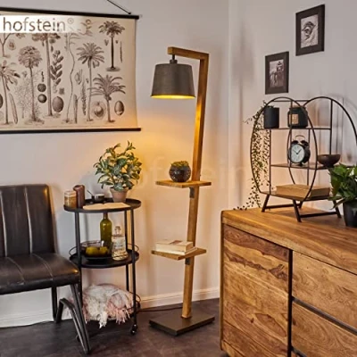 Image of Floor lamp Baval, of Wood/Metal in Nature/Grey/Gold, Scandinavian Design with Practical compartments and Adjustable lampshade, Height 120 cm, 1 x E27, Without Bulb