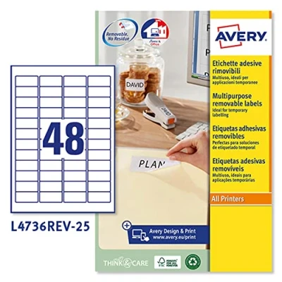 Image of Avery Removable, Printable, Multi Purpose Labels, Surface, 45.7 x 21.2 mm, White, 48 Labels per Sheet, 1200 Blank Pack (L4736REV 25)