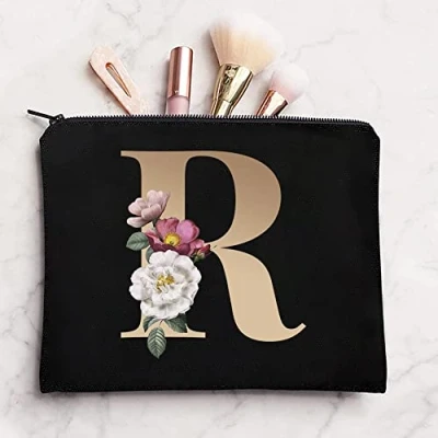 Image of 26 Letter Printed Zip Canvas Pouch Makeup Bag Make Up Bag, Cosmetic Travel Bag,Toiletry Bag,Organizer Bags,Toiletry Bags, Bride Bridesmaid Bag,Pencil Bag,Wash Bag,Coin Purse (Gold R)