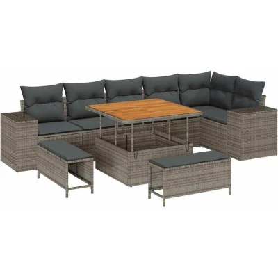 Image of vidaXL 9 Piece Garden Sofa Set with Cushions Grey Poly Rattan Acacia