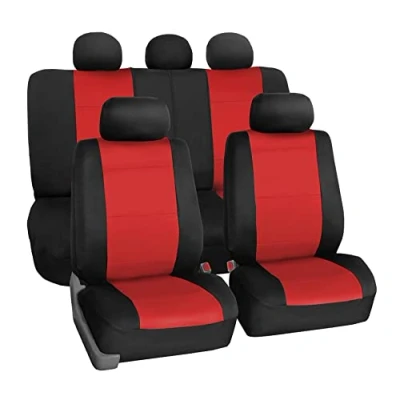 Image of FH Group Car Seat Covers Full Set Red Neoprene Universal Fit, Automotive Covers, Low Back Front Airbag Compatible, Split Bench Rear Seat, Washable Cover for SUV, Sedan
