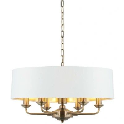 Image of Highclere Single Shade Pendant Ceiling Lamp, Antique Brass Plate, Vintage White Fabric