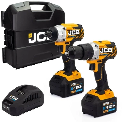 Image of JCB 18V Brushless Cordless Combi Drill &amp; Impact Driver, 2X 5.0Ah Battery, Fast Charger, Variable Speed LED Light, Belt Clip, 20+3 Position 13mm Keyless Chuck, Power Tool Case, 3 Year Warranty
