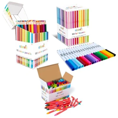 Image of abeec Ultimate Arts &amp; Crafts Bundle 100 Felt Tip Pens, 144 Wax Crayons, and 180 Colouring Pencils Perfect for Kids&#039; Colouring, Drawing, Creative Activities