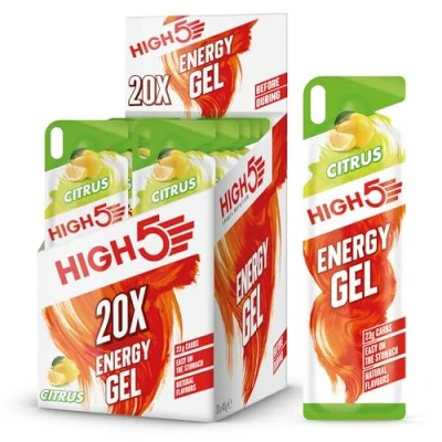 Image of HIGH5 Energy Gels Quick Release Sports to Power Muscles for Peak Performance Natural Fruit Juice &amp; Caffeine Free On The Go Boost Running, Cycling and Endurance (Citrus, 20 x 40g)